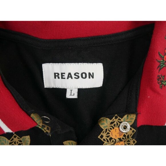Reason NYC Long Sleeve Black Polo Shirt Facial Floral Pattern Print Mens Large - Picture 1 of 10